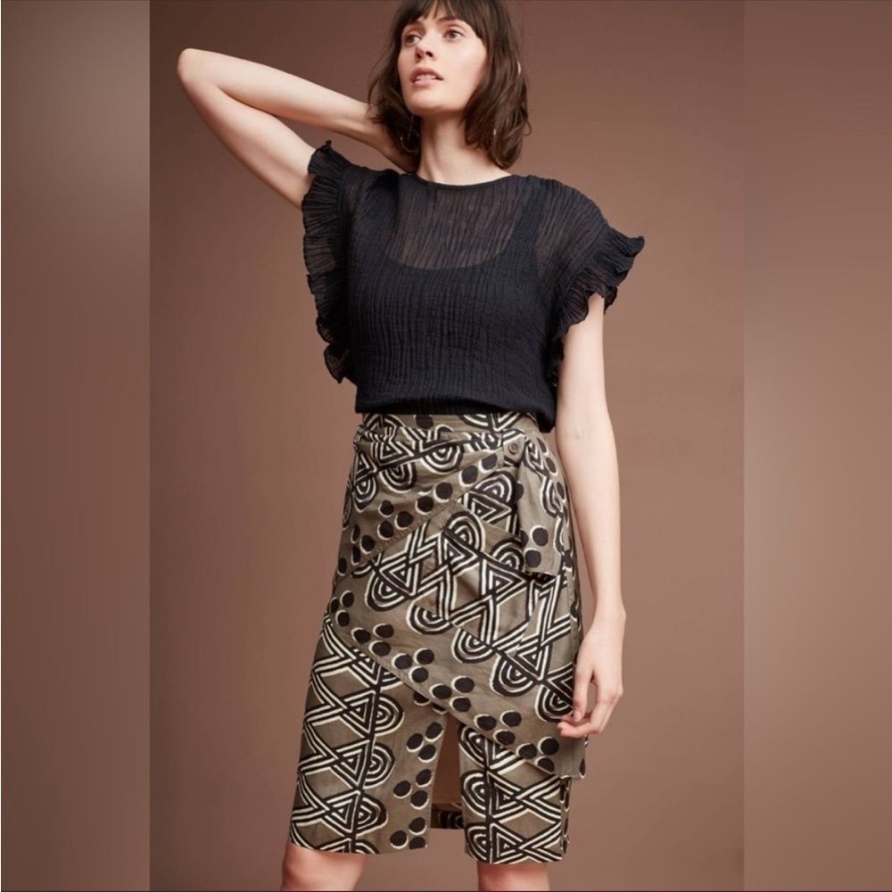 ⛔️SOLD⛔️Anthropologie Maeve Edessa Linen Brown Tribal Print Sarong Wrap Skirt Si - Picture 2 of 12